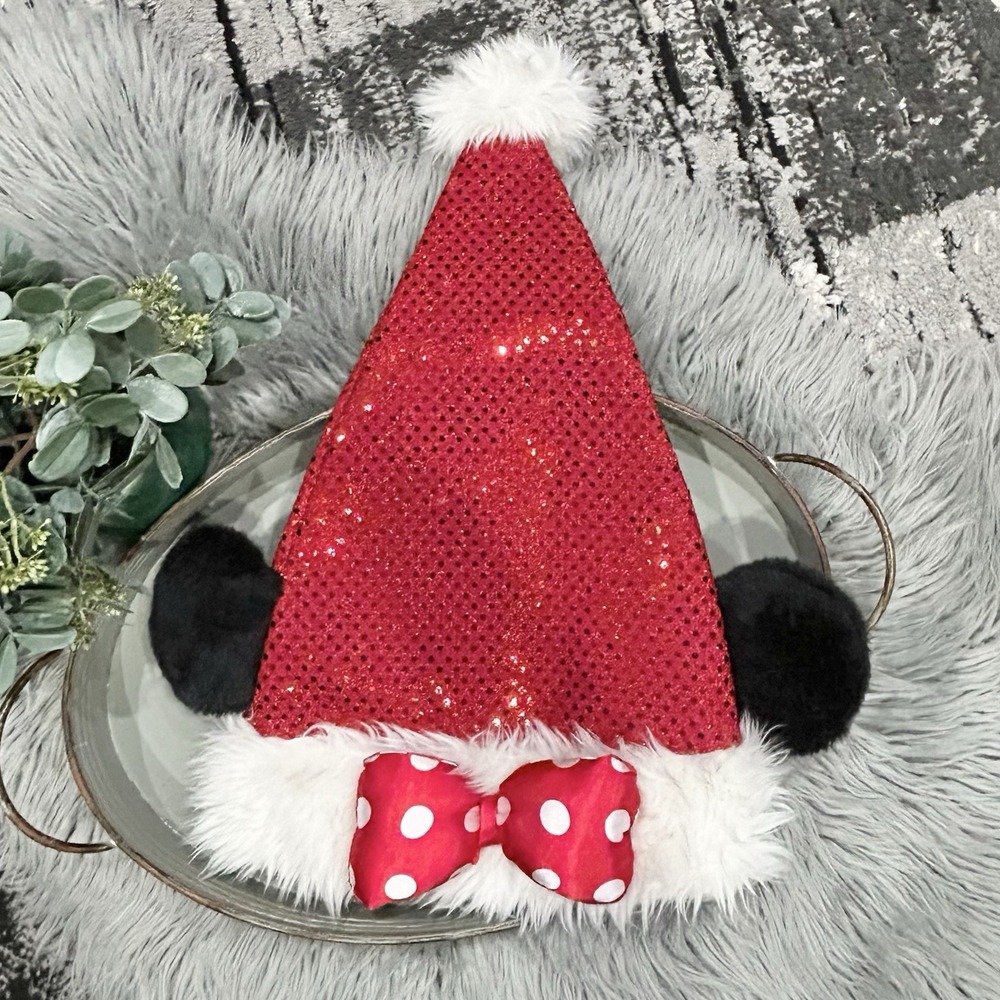 Disney Parks Minnie Mouse Mrs Claus Santa Hat Adult Red Sequined W Bow Christmas